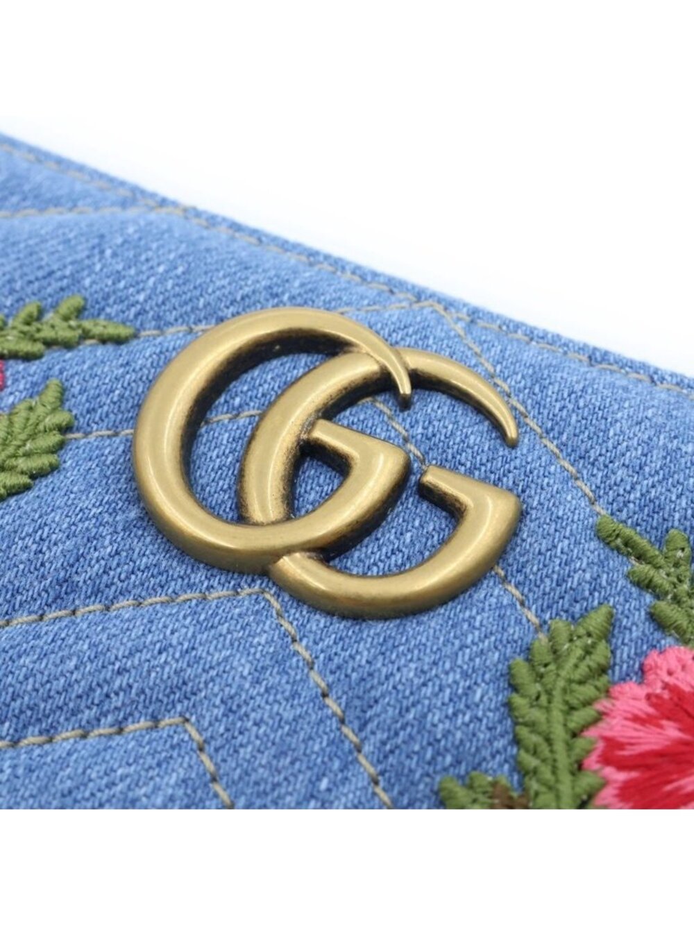 Gucci GG Marmont Flower Embroidery Chevron Zip Around Wallet Multicolor Denim - Picture 5 of 6